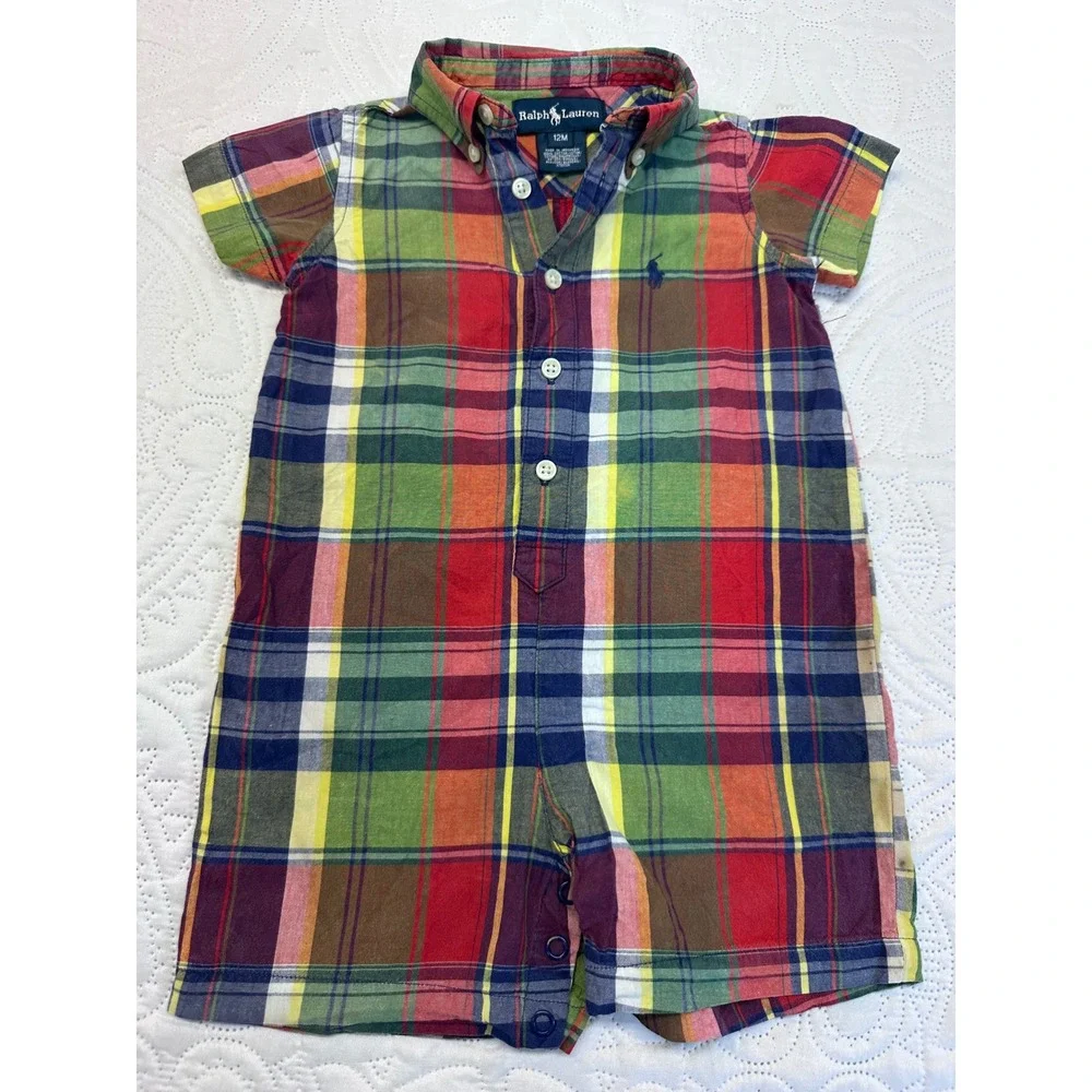 Ralph Lauren Baby Boys 12M Multi Color Plaid Short Sleeve Romper Pony Logo